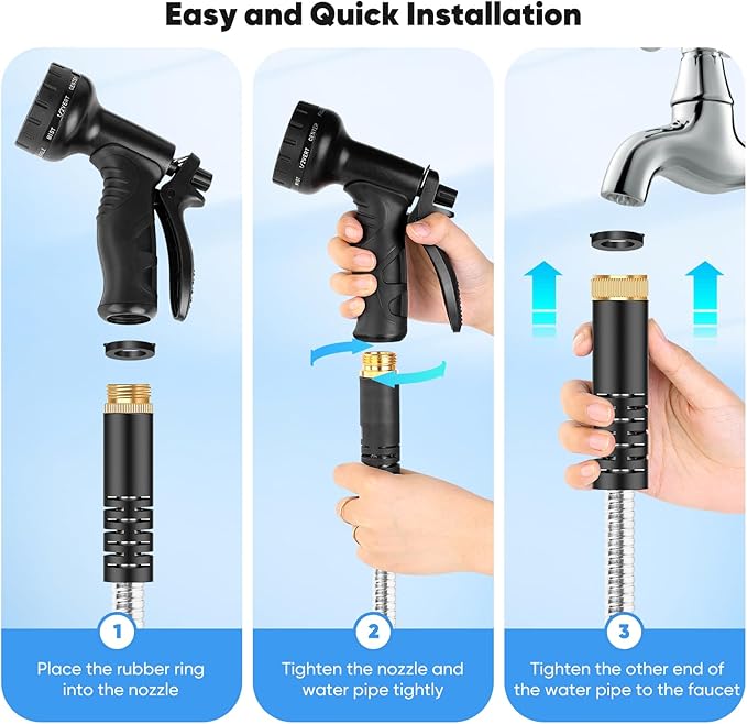 Garden Hose 50 FT, Metal Stainless Steel Water Hose with 10 Function Nozzles, No Kinks, Flexible Hose, Lightweight, Puncture Proof, Heavy Duty Hose for Yard and Outdoor