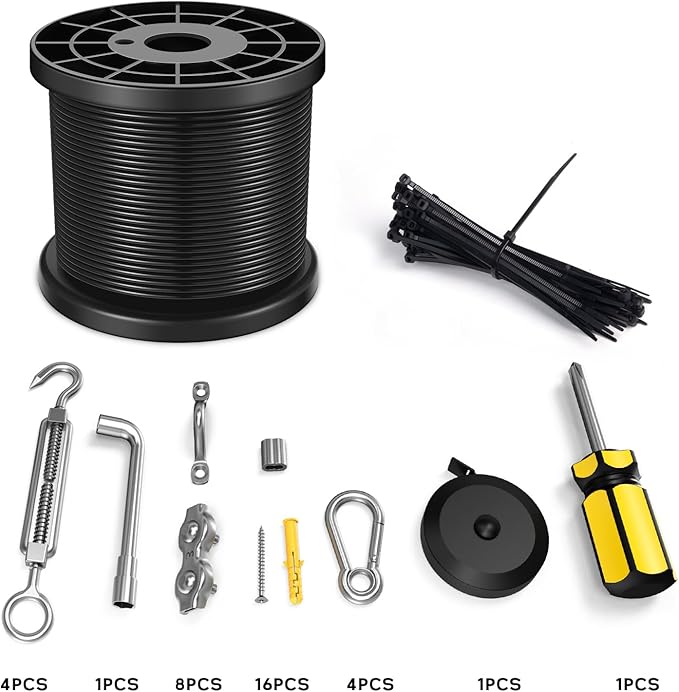 String Light Hanging Kit with 164FT Vinyl Coated Stainless Steel 304 Wire Rope Suspension Kit Included Enough Accessories with Turnbuckles and Hooks for Patio, Garden and Wedding Lighting