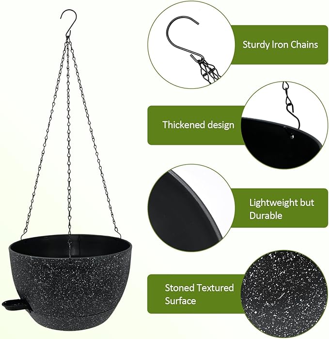 WOUSIWER Self Watering Hanging Planters, 2 Pack 12'' Plastic Pots with Drainage Holes & Reservoir Tray (Speckled Black) | Indoor & Outdoor Use for Ferns, Ivy, Herbs, Succulents