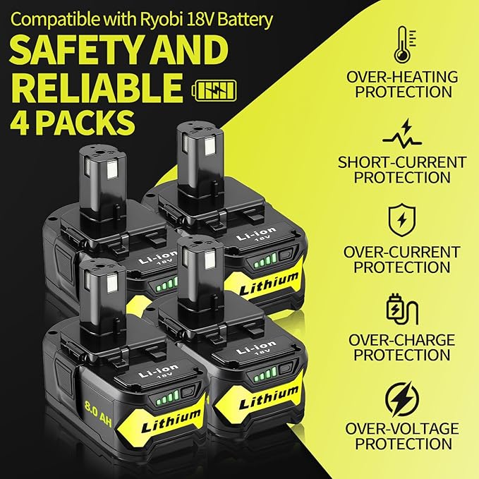 4 Pack 8.0Ah High Capacity Replacement for Ryobi 18v Battery P108 P104 P105 P102 P103 P122 P109 Li-ION Compatible with Ryobi 18V ONE+ System Cordless Power Tools and Charger