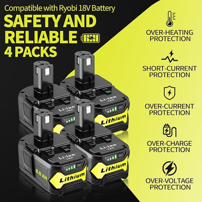 4 Pack 8.0Ah High Capacity Replacement for Ryobi 18v Battery P108 P104 P105 P102 P103 P122 P109 Li-ION Compatible with Ryobi 18V ONE+ System Cordless Power Tools and Charger