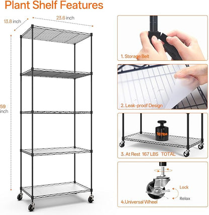 Bstrip Plant Shelf with Grow Light with Timer, Metal Plant Stand with Adjustable Rack and Wheels, 4 Pack T8 Full Spectrum Grow Light Strip for Indoor Plants, Seed Starting, Seed Tray, 23.5"x13.8"x59"