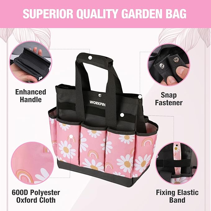 WORKPRO Garden Tool Bag, 9 Pockets Gardening Bag, Heavy Duty Oxford Garden Tote Caddy (Tools NOT Included), 12" x 12" x 6"-Pink Ribbon