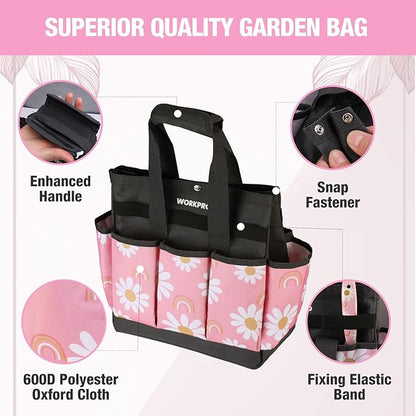 WORKPRO Garden Tool Bag, 9 Pockets Gardening Bag, Heavy Duty Oxford Garden Tote Caddy (Tools NOT Included), 12" x 12" x 6"-Pink Ribbon