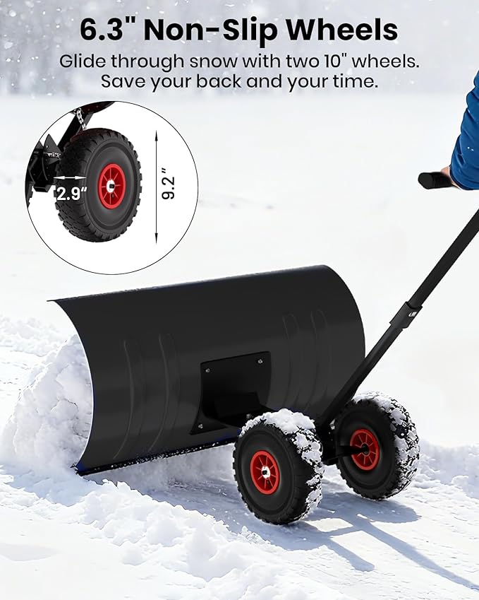 36” Snow Shovel for Driveway,Heavy Duty Wheeled Rolling Shovels 5 Position Angled Blade, Ergonomic Handle & Rubber Wheels for Efficient Snow Removal, Snow Plow for Doorway,Driveway and Sidewalks
