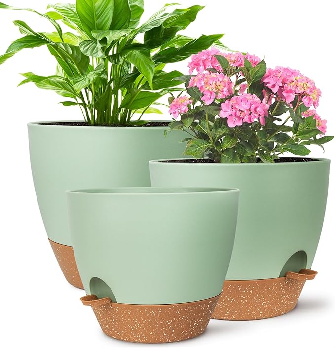 Plant Pots, Self Watering Planters for Indoor Plants with Drainage Hole, Plastic Flower Pot for Succulents, African Violet (Green, 12/10/9)