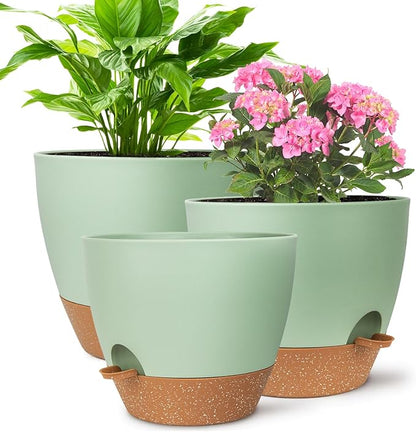 Plant Pots, Self Watering Planters for Indoor Plants with Drainage Hole, Plastic Flower Pot for Succulents, African Violet (Green, 12/10/9)