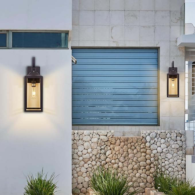 Large Bronze Outdoor Wall Lantern 19", Outside Farmhouse Wall Sconce Light Fixture Oil-Rubbed Bronze, Industrial Wall Mount Light Waterproof, Modern Porch Lighting Exterior Lamp for House