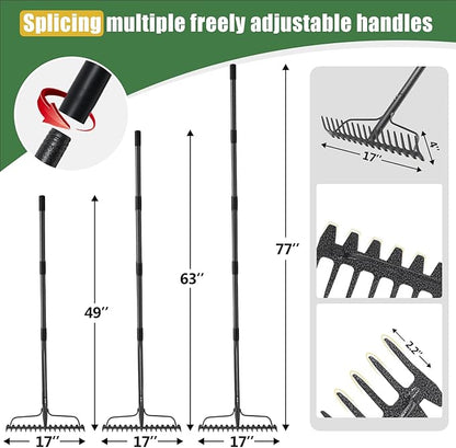 63'' Bow Rake ，17 Tines Metal Head Rakes with Stainless Steel Handle，Heavy Duty Garden Rakes for Loosening Soil Gathering Leaf Leveling Lawn Farming Land Management Yarn Thatch