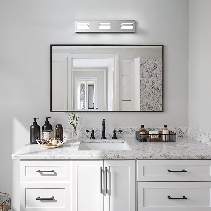 Bathroom Lighting Fixtures Over Mirror, 3 Light Bathroom Vanity Light Fixtures with Cool White 5000K, Silver LED Modern Vanity Wall Lights for Bath, Dressing Room, Restroom, 21.6 inch