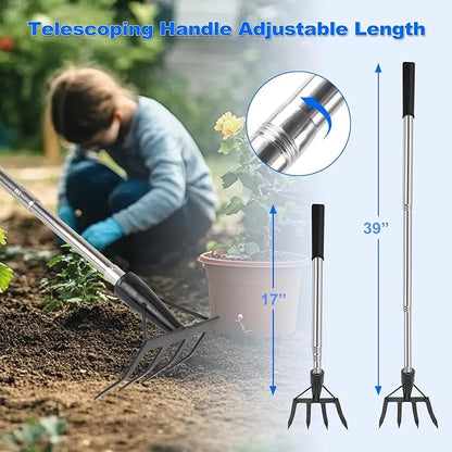 Small Garden Rake Tool, Hand Tiller Cultivator, Weed Remover Rakes Narrow for Flower Beds, Leaves Leaf Grass Cleaning for Precise Gardening, Mulch Spreading, Tilling Soil Weeding - Long Handle