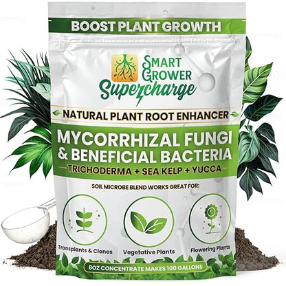 Mycorrhizal Fungi with Beneficial Bacteria, Trichoderma, Sea Kelp, Molasses, Yucca, Smart Grower Supercharge Plant Root Enhancer 8oz Super Concentrate Powder Makes 100 Gallons