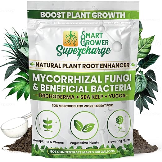 Mycorrhizal Fungi with Beneficial Bacteria, Trichoderma, Sea Kelp, Molasses, Yucca, Smart Grower Supercharge Plant Root Enhancer 8oz Super Concentrate Powder Makes 100 Gallons