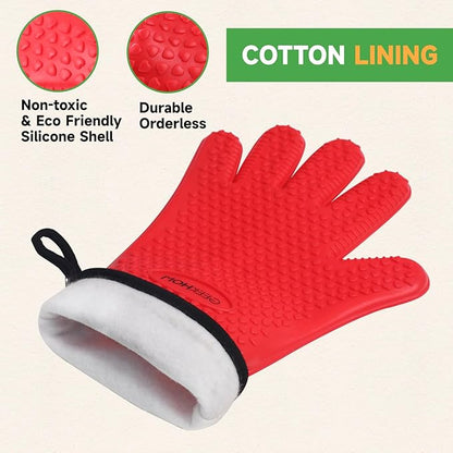 GEEKHOM BBQ Gloves Heat Resistant Oven Mitts - Silicone Grilling Gloves with 14" Long Arm Protection - Waterproof Pot Holder Non-Slip for Men & Women, Kitchen Cooking, Baking, Camping, Red