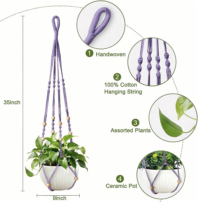 35 Inch Macrame Plant Hanger, Hanging Planter Basket with Wood Beads, Decorative Flower Pot Holder for Indoor Outdoor Boho Home Decor, Set of 2 (Purple)