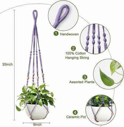 35 Inch Macrame Plant Hanger, Hanging Planter Basket with Wood Beads, Decorative Flower Pot Holder for Indoor Outdoor Boho Home Decor, Set of 2 (Purple)