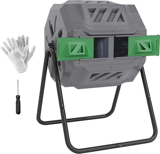 Outsunny Tumbling Compost Bin Outdoor 360° Dual Chamber Rotating Composter 43 Gallon, Light Gray