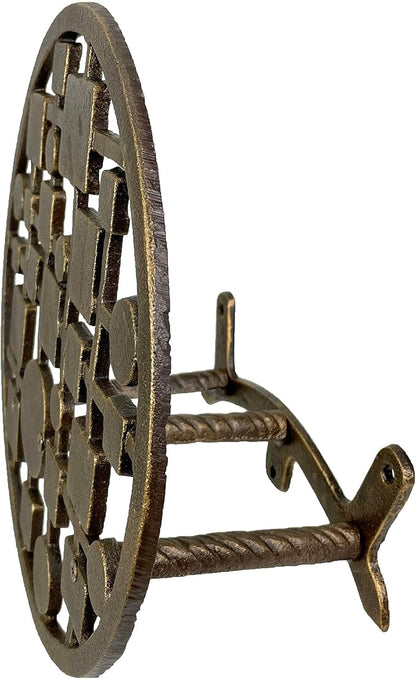 Mid-Century Modern Cast Iron Circles & Squares Hose Holder – Bronze Finish, Wall-Mounted, Weather Resistant, Durable Outdoor Storage, 11.75 Inch Diameter