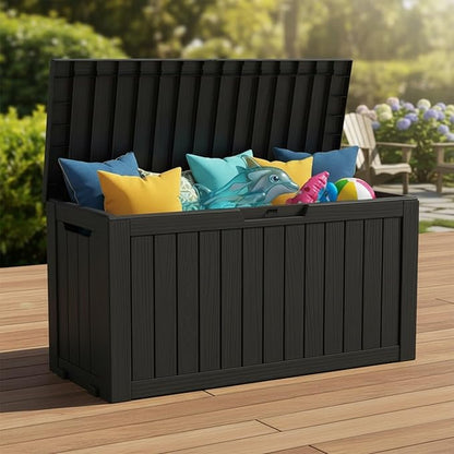 75 Gallon Resin Deck Box, Outdoor Storage Box with Lockable Lid, Waterproof Patio Furniture Cover, Garden Tool Organizer, All-Weather Bench for Deck, Pool & Yard - Black