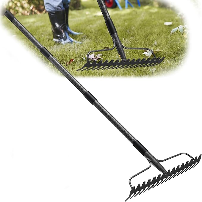 77 inch Bow Rake,2-in-1 17 Tooth Rake for Leaves Portable and Adjustable for Gardening Leaves Loosening Soil Leveling Lawn Farming Land Management Yard