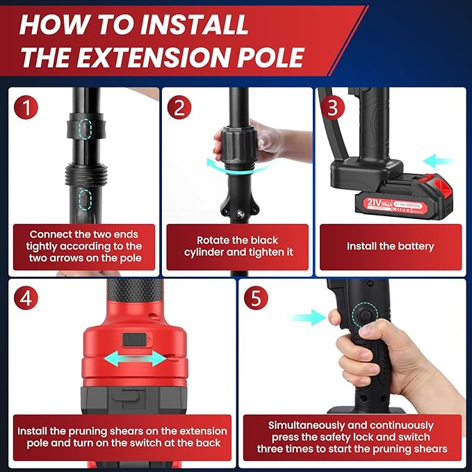Electric Pruning Shears with Pole, 2-in-1 Cordless Pruning Shears 1.6" with SK7 Blade,8FT Reach,800W Brushless Motor,2 x 21V 2000 mAh Batteries,6–10Hs,Tree Branch Cutter for Gardening Pruning