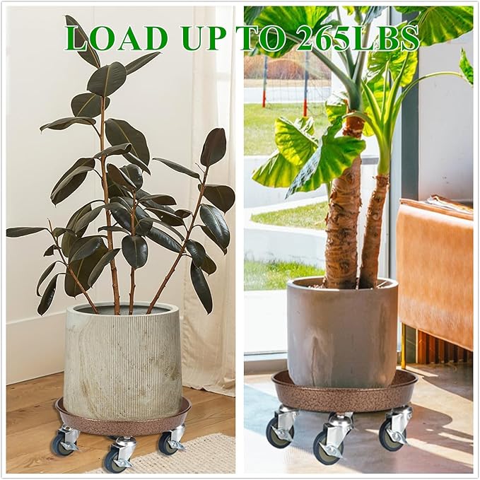 2 Pack Plant Caddy with Wheels, 12" Rolling Plant Stand 265 LBS Heavy Duty Metal Tray No Holes with Large Metal 360° Lockable Caster Wheels for Outdoor Indoor Large Plant Pots, Flower Pot, Patio
