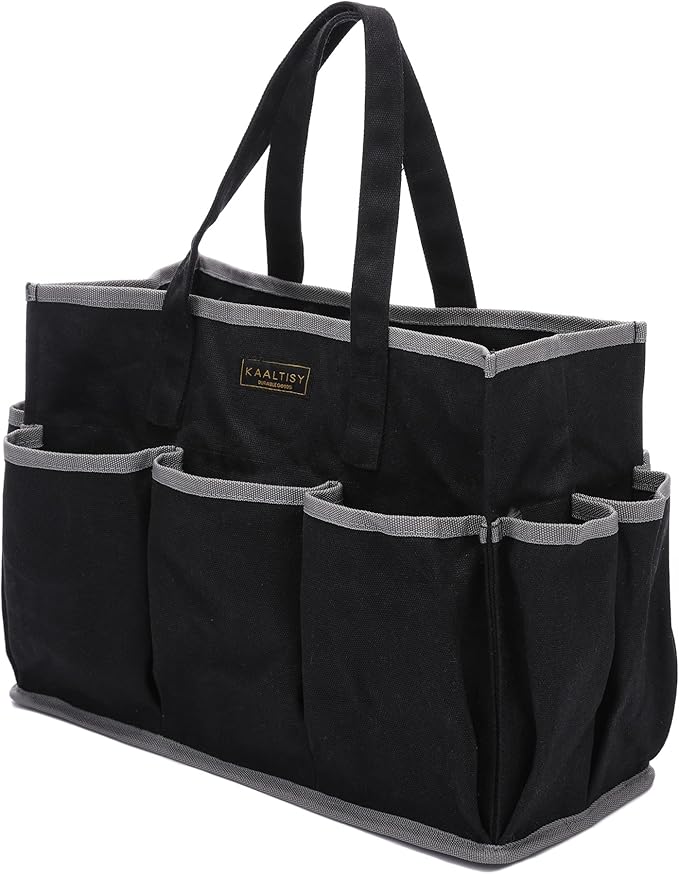 Canvas Tool Tote Bag, Heavy Duty 16oz Waxed Canvas Tool Storage Pouch with 1 Large Compartment & 10 Small Pockets | Multi-Purpose Garden Tool Bag for Horticulturists Mechanics Craftsmen – Black