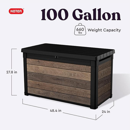 Keter Walnut 100 Gallon Resin Deck Box-Organization and Storage for Patio Furniture Outdoor Cushions, Throw Pillows, Garden Tools and Pool Toys