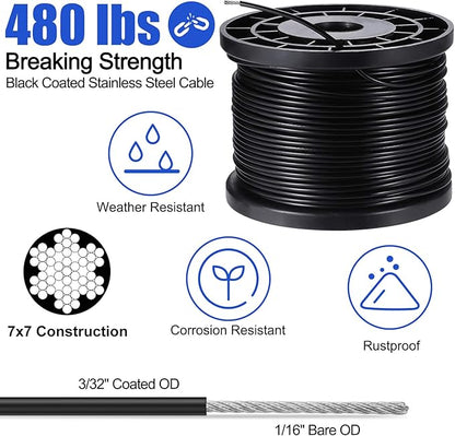 BLIKA String Light Hanging Kits, 250FT Coated Stainless Steel 304 Wire Rope, Outdoor Light Guide Wire, Globe String Light Suspension Kit Included Turnbuckles, Enough Accessories, Use Manual