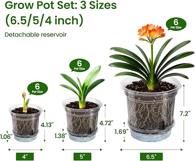 MIXC 18 Packs 6.5/5/4 Inch Self Watering Pots for Indoor Plants - Clear Nursery Plant Pots with Drainage, Deep Visible Reservoir - Flower Planter Outdoor with Wicking Rope