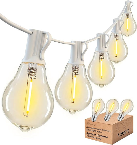 DAMAING Outdoor String Lights 120FT Waterproof Patio Lights with 63 Plastic Dimmable Edison LED Bulbs,Connectable Outdoor Lighting for Backyard,Garden and Wedding Outside, 2200K White Cord
