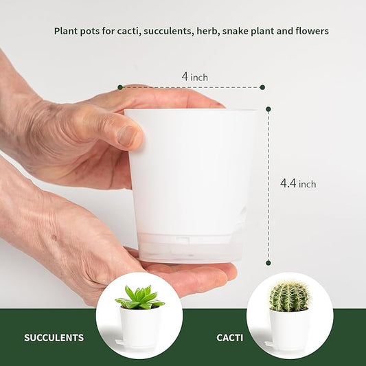 4 Inch 5 Pack Small Self Watering Pots for Indoor Plants, Nursery Pot with Drainage Holes and Saucers, Plastic Small Flower Planter for Succulent, Aloe, Cacti and More (White)