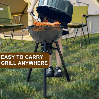 17 Inch Portable Charcoal Grill with Removable Legs, Porcelain Enamel BBQ Kettle with Ash Catcher and Wooden Handle for Camping, Tailgating, Patios, Backyards, Outdoor Cooking & Picnics