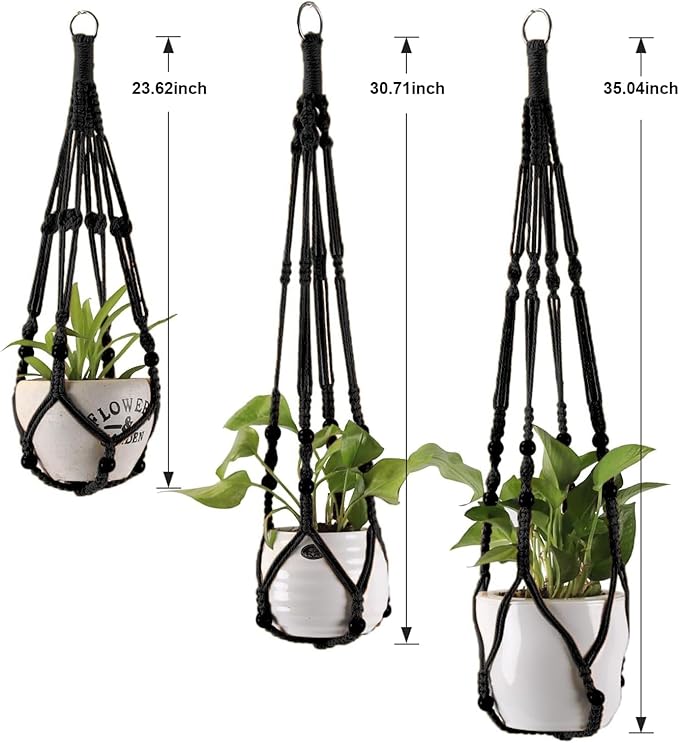 3-Pack Macrame Plant Hanger Indoor - Hanging Planter Basket for Indoor Outdoor - Decorative Boho Plant Holders Set with Beads - Ceiling Flower Pot Holder with 6 Hooks - 35"/30"/24" Black