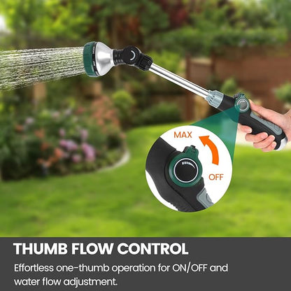 Watering Wand for Garden Hose, 17.5 Inch, 8 Spray Patterns, Garden Hose Nozzle with Thumb Flow Control, Adjustable Water Sprayer with Pivoting Head, Ideal for Hanging Baskets and Shrubs