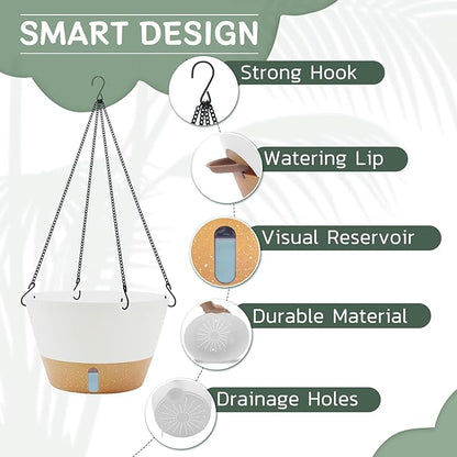 ZMTECH 12 Inch Hanging Planters for Indoor Plants, 2 Pack Self Watering Hanging Planter with Visual Reservoir, Hanging Pots for Plants Outdoor with Drainage Hole and Plant Hanger(2 Pack, White)