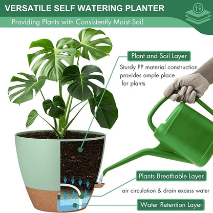 12/10/8 Inch Self Watering Pots for Indoor Plants Plastic Large Plant Pot for Outdoor Plants, Water Level Window & Spacious Reservoir Flower Pots Decorative Planter with Drainage and Tray (Green)