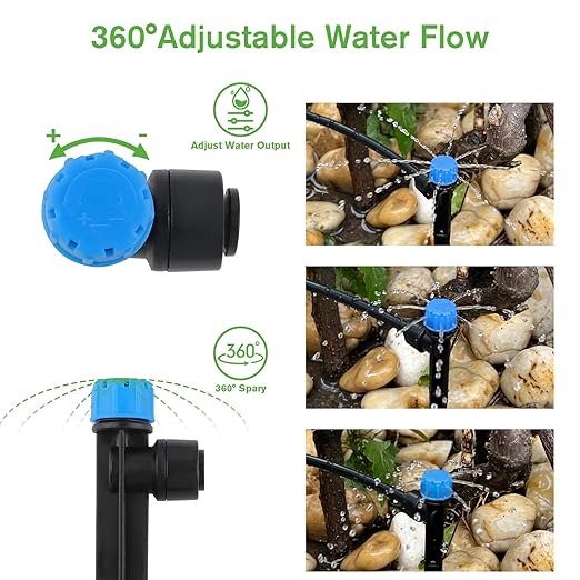 100PCS Drip Irrigation Emitters, Kalolary Adjustable 360 Degree Water Flow Drippers Emitters for 1/4" Drip Irrigation System Tubing, Garden Irrigation Drippers for House Garden Flower beds(Blue)