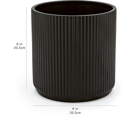 Amazon Basics Fluted Round Ceramic Planter, 8-inch, Black