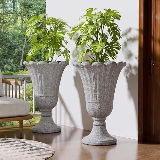 Tall Plastic Urn Planters for Outdoor Plants Set of 2-23.6" H Classic Petal Design Indoor Large Flower Pots with Drainage Holes, Outdoor Planters for Porch Decor/Garden Vase, Grey