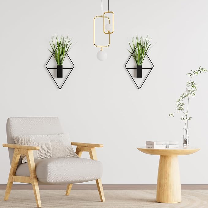 Cute Set of 2 Small Wall Hanging Planters, 10x5 Inch Mini Geometric Wall Vase with Artificial Plants, Compact Boho Farmhouse Decor for Bathroom, Living Room, Bedroom, Office (Black)