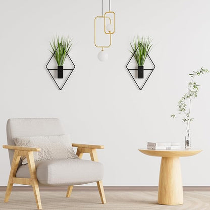 Cute Set of 2 Small Wall Hanging Planters, 10x5 Inch Mini Geometric Wall Vase with Artificial Plants, Compact Boho Farmhouse Decor for Bathroom, Living Room, Bedroom, Office (Black)