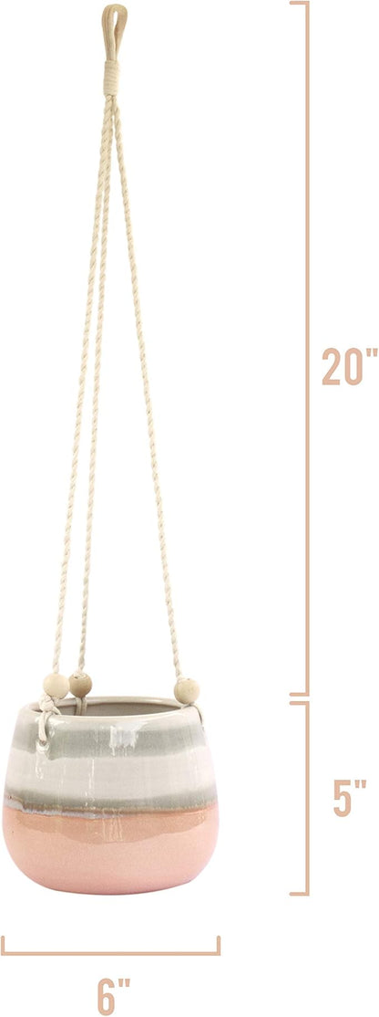 23 Bees Ceramic Hanging Planter, Pink White Succulent Pots, Round Plant Holder Container, Cactus Pot with Cotton Rope Hanger, Indoor Outdoor Decor, (1 Pack x Pink Horizon)
