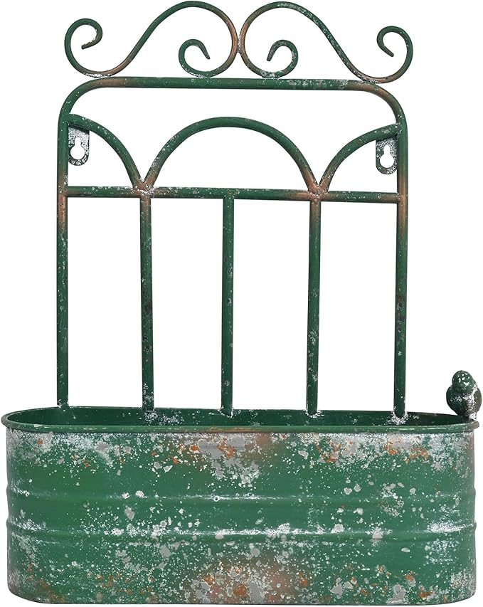Rustic Metal Wall Planter Vintage Wall Mounted Flower Pot Distressed Wall Hanging Plant Basket Farmhouse Wall Decor for Indoor Outdoor Garden Home Yard (Green)