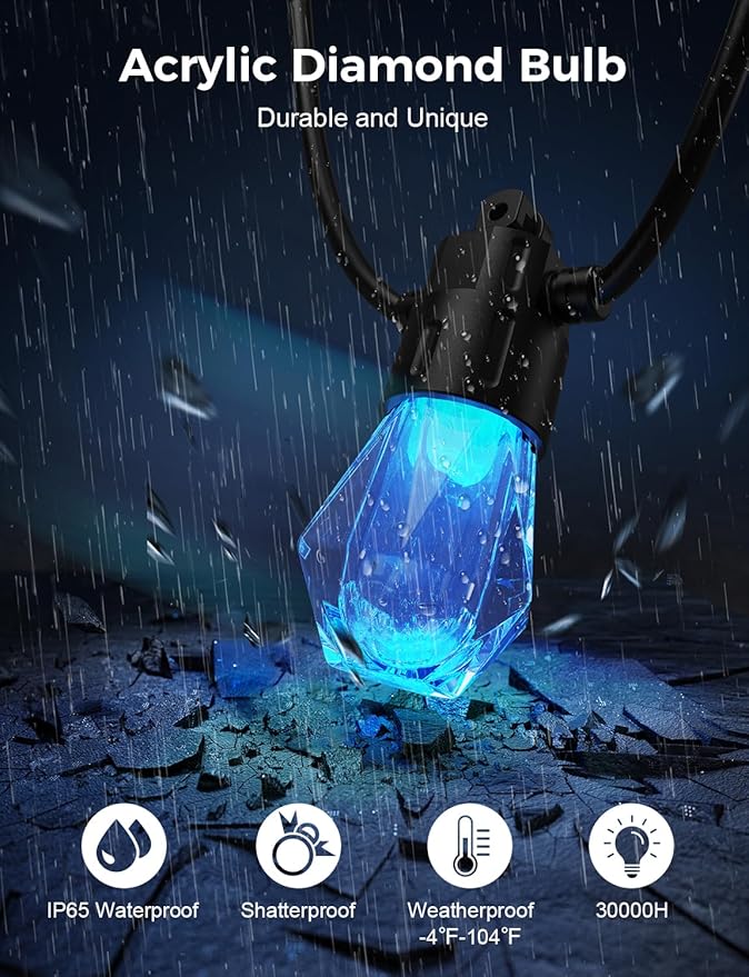 XMCOSY+ 96FT Smart Outdoor String Lights - RGBCWIC Dimmable Acrylic Bulbs, Color Changing LED Patio Lights APP WiFi Control, Compatible with Alexa, IP65 Waterproof Outdoor Lights for Backyard Porch