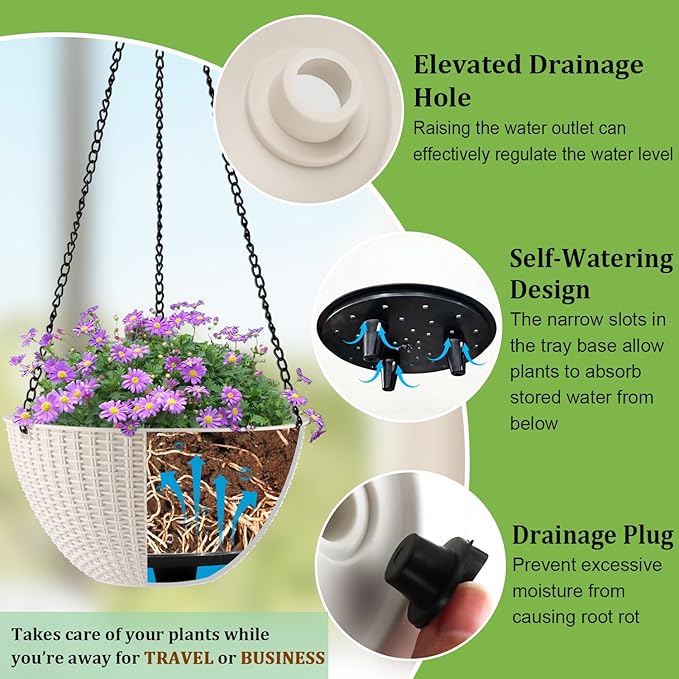 Hanging Planters for Indoor Outdoor Plants 8 and 10 Inch, 4 Packs Hanging Flower Pot with Drainage Holes, Self-Watering Hanging Basket Perfect for Home, Office and Garden, White