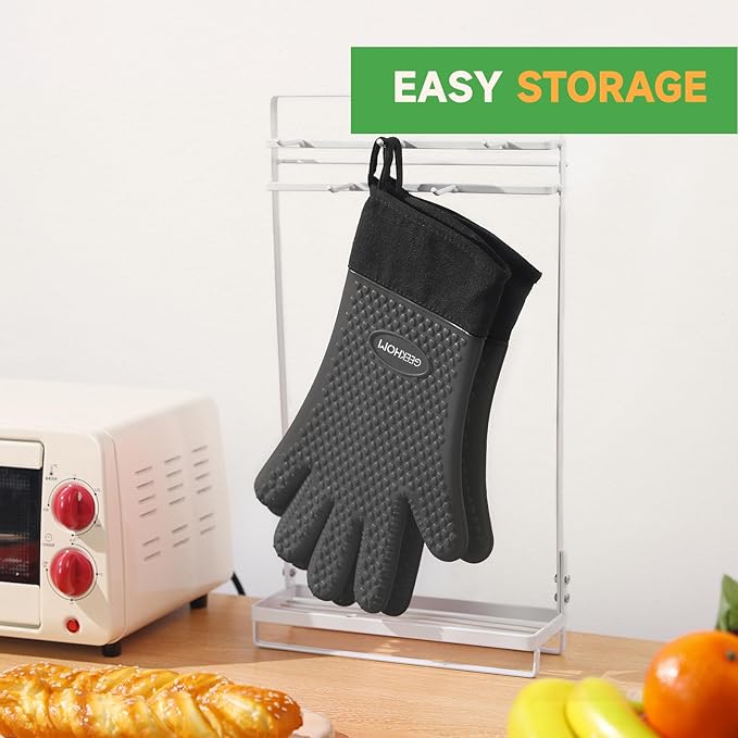 GEEKHOM BBQ Gloves Heat Resistant Oven Mitts - Silicone Grilling Gloves with 14" Long Arm Protection - Waterproof Pot Holder Non-Slip for Men & Women, Kitchen Cooking, Baking, Camping, Gray