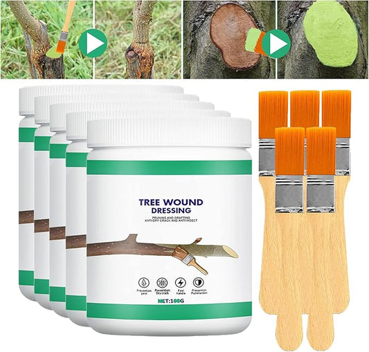 Tree Wound Sealer, Tree Pruning Sealer, Tree Grafting Supplies, Tree Wound Sealer Healing Paste, Bonsai Cut Paste, Pruning Sealer And Tree Wound Dressing for Trees, Shrubs, Roses (5Pcs*100g +5*Brush)