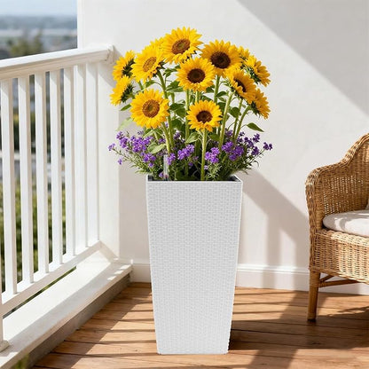 2 Pack Tall Planters for Indoor or Outdoor Plants, Self-Watering Pots with Drain Holes, 22-Inch High Faux Rattan Design Modern Tall Square Planter Box for Porch, Patio, Backyard (Pack of 2, White)