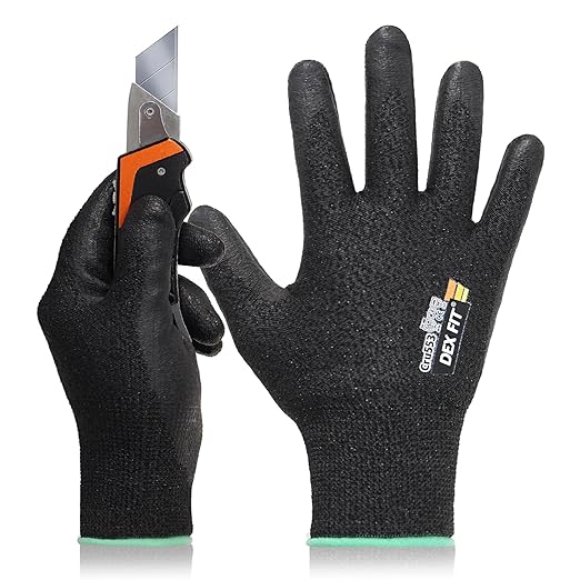 DEX FIT Level 5 Cut Resistant Gloves Cru553, 3D-Comfort Stretchy Fit, Power Grip, Professional Grade, Thin, Touch-Screen Compatible, Durable, Machine Washable; Black M (8) 1 Pair